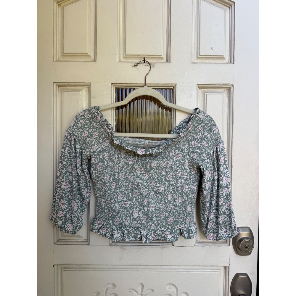 Loft Beach Womens Smocked Floral Off The Shoulder Crop Top Sage Green Size XS